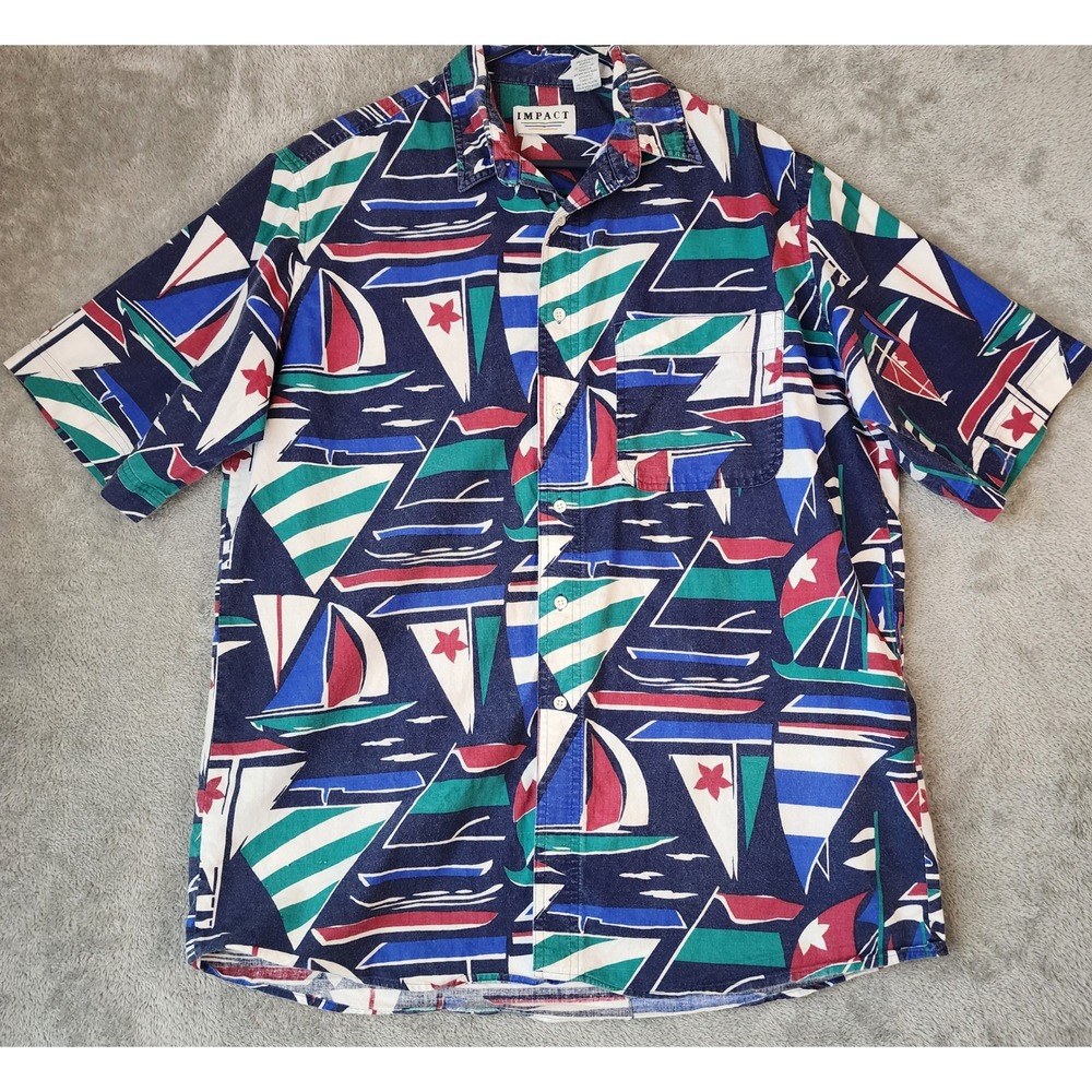 Impact Shirt Mens Large Blue Sailboat Print Short Sleeve Button Down Vintage